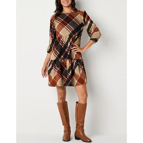 Jessica Howard Women's Size XL 3/4 Sleeve Plaid Babydoll Dress Brown Cream Black - Picture 1 of 16